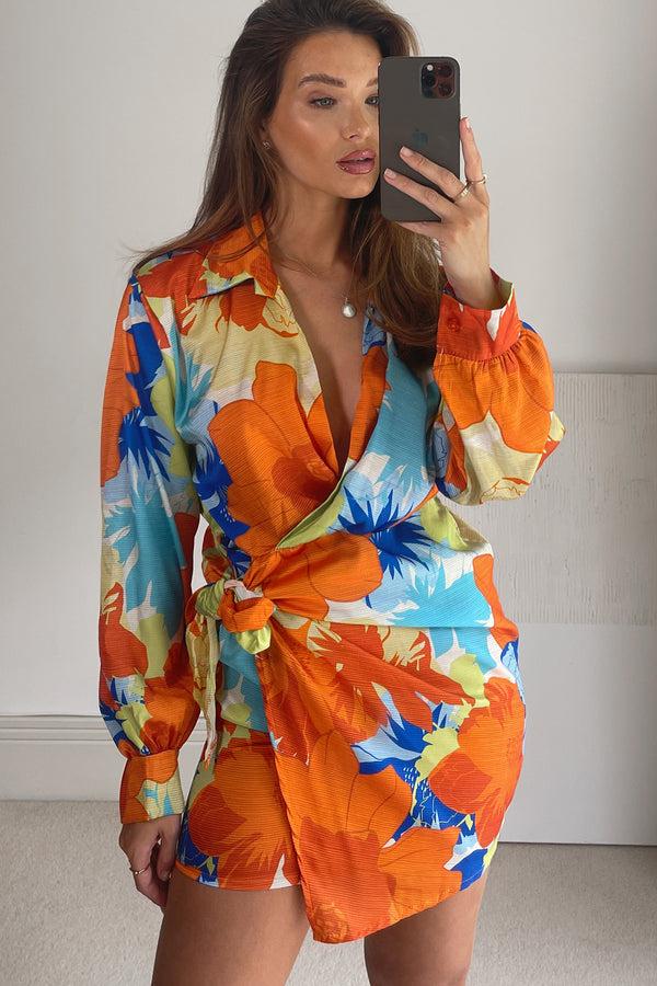 lasula Kaitlyn Orange Multi Floral Print Satin Wrap Dress