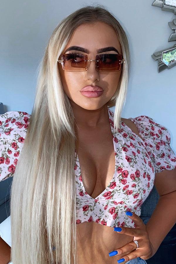 lasula Kali Pink Floral Print Halterneck Plunge Crop Top