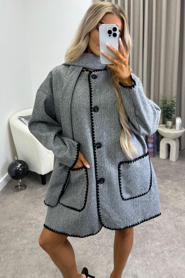 Lasula Kandice Grey Wool Look Contrasting Trim Scarf Tailored Coat