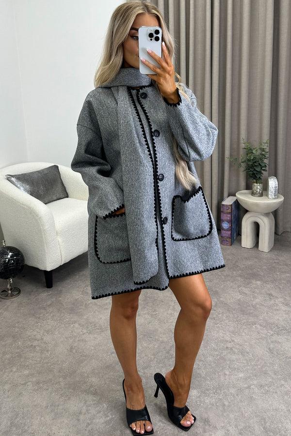 Lasula Kandice Grey Wool Look Contrasting Trim Scarf Tailored Coat