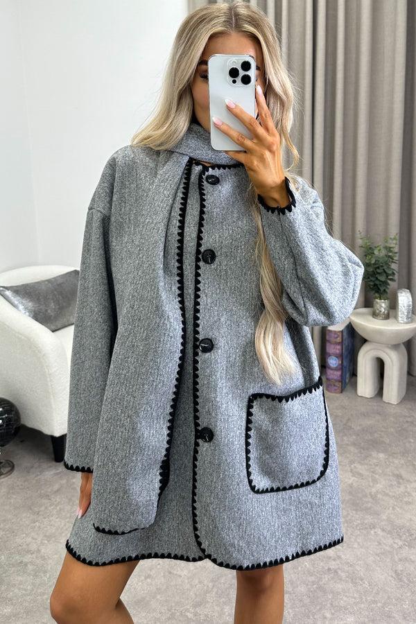 Lasula Kandice Grey Wool Look Contrasting Trim Scarf Tailored Coat