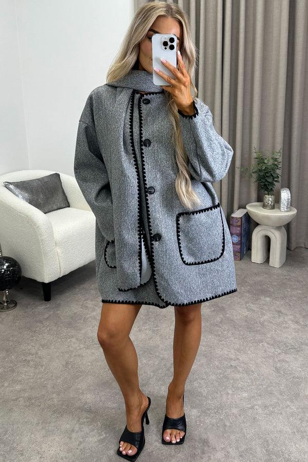 lasula Kandice Grey Wool Look Contrasting Trim Scarf Tailored Coat
