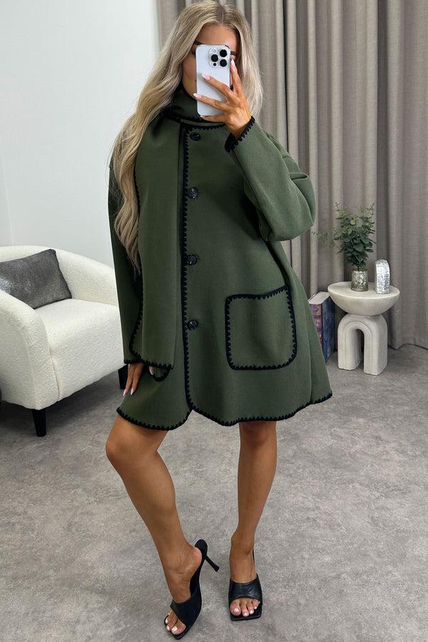 Lasula Kandice Khaki Wool Look Contrasting Trim Scarf Tailored Coat