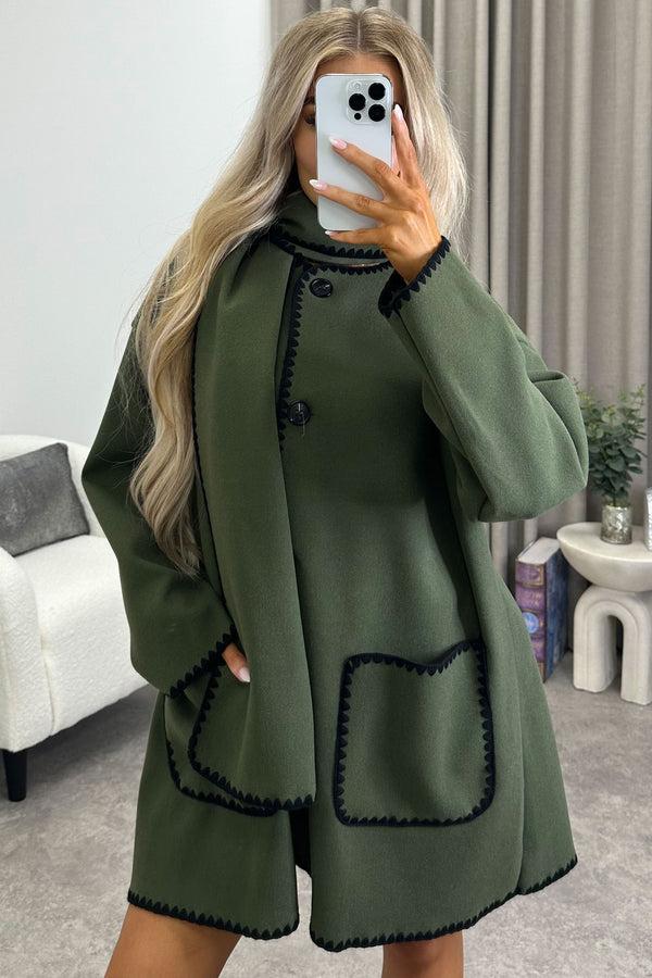 Lasula Kandice Khaki Wool Look Contrasting Trim Scarf Tailored Coat