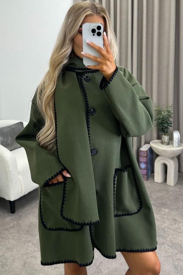 Lasula Kandice Khaki Wool Look Contrasting Trim Scarf Tailored Coat