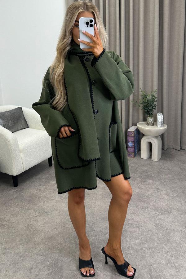 lasula Kandice Khaki Wool Look Contrasting Trim Scarf Tailored Coat