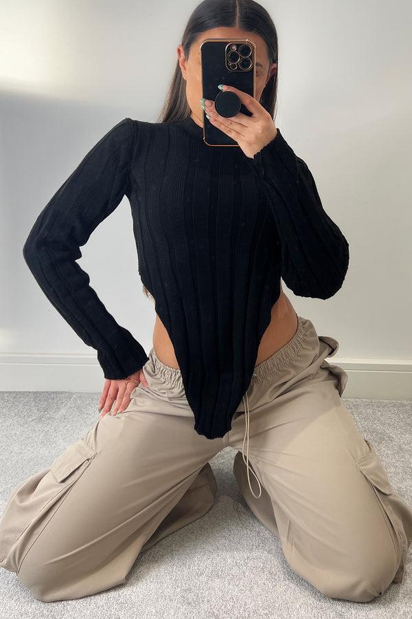 lasula Kaya Black Distressed Hem Knit Long Sleeve Crop Jumper