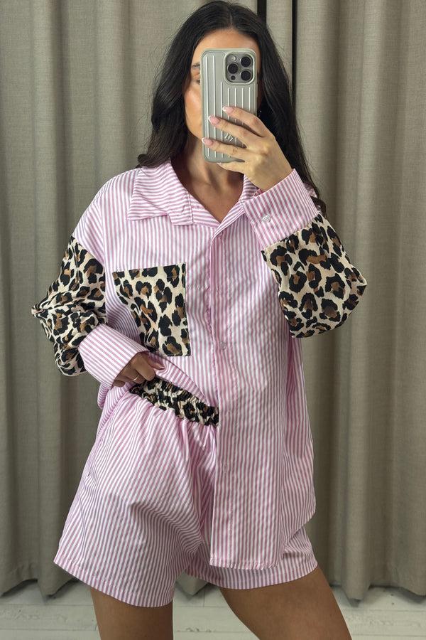 lasula Kayleen Pink Stripe Leopard Print Shirt and Shorts Co-Ord Set