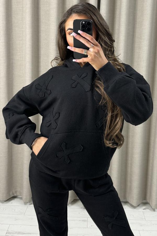 Lasula Keely Black Cross Detail Oversized Hoodie And Joggers Tracksuit Set
