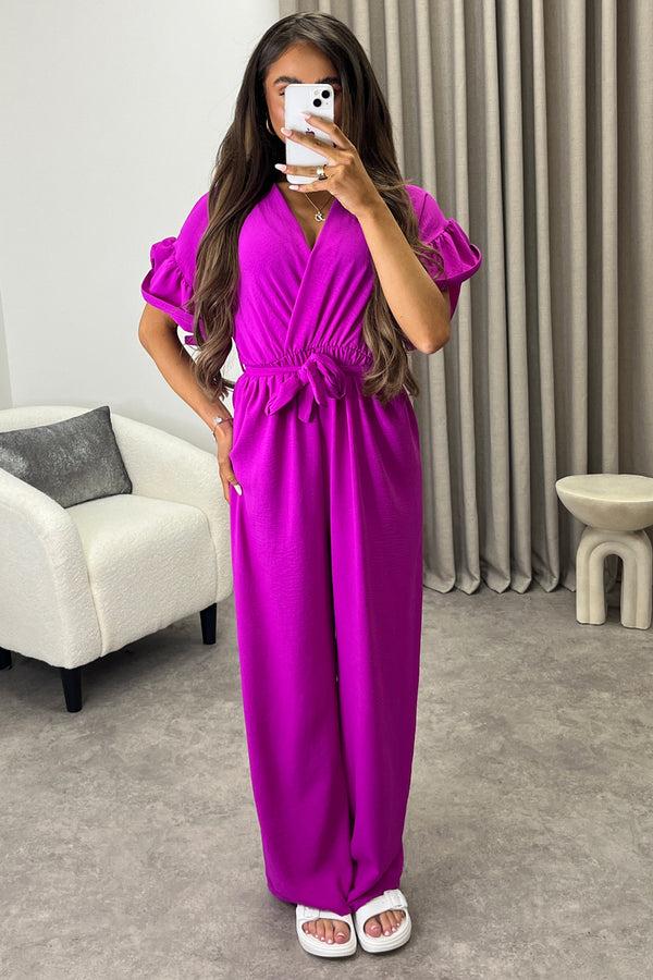 Lasula Keley Purple Frill Sleeve V Neck Plunge Belted Jumpsuit