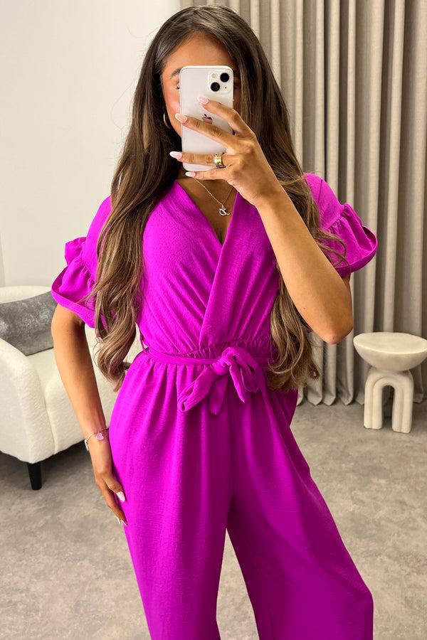Lasula Keley Purple Frill Sleeve V Neck Plunge Belted Jumpsuit