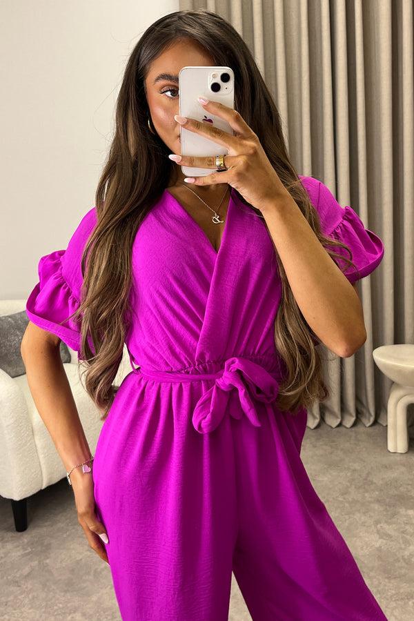 lasula Keley Purple Frill Sleeve V Neck Plunge Belted Jumpsuit
