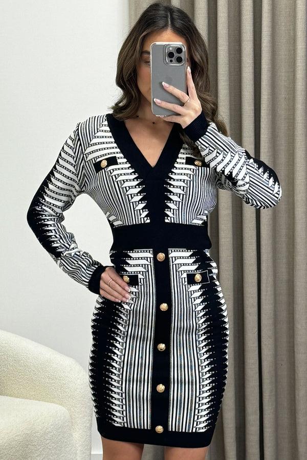 Lasula Kenna Black And White Aztec Print Long Sleeve Knit Midi Dress