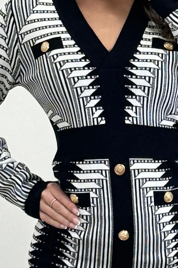 Lasula Kenna Black And White Aztec Print Long Sleeve Knit Midi Dress