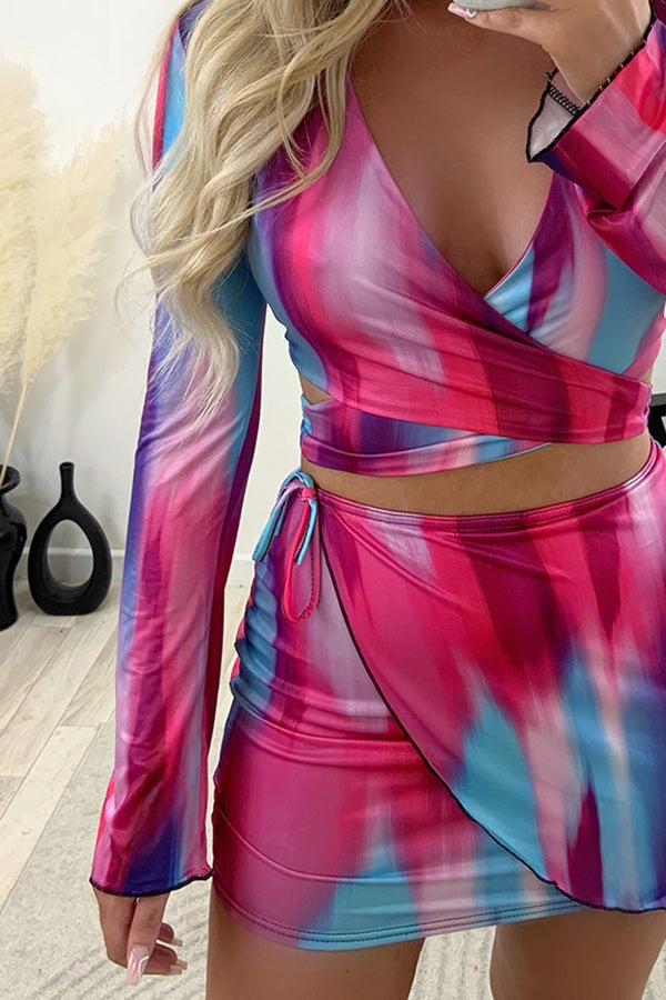 Lasula Kerrie Multi Printed Tie Front Crop Top And Mini Skirt Co-Ord Set