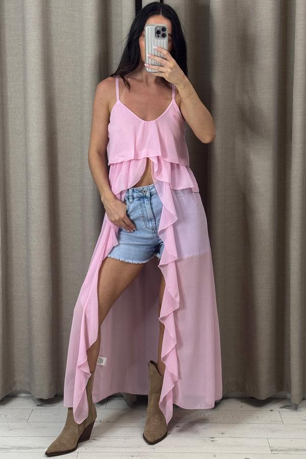Lasula Kianne Baby Pink Chiffon Ruffle Drape Longline Top