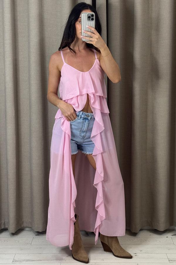 Lasula Kianne Baby Pink Chiffon Ruffle Drape Longline Top