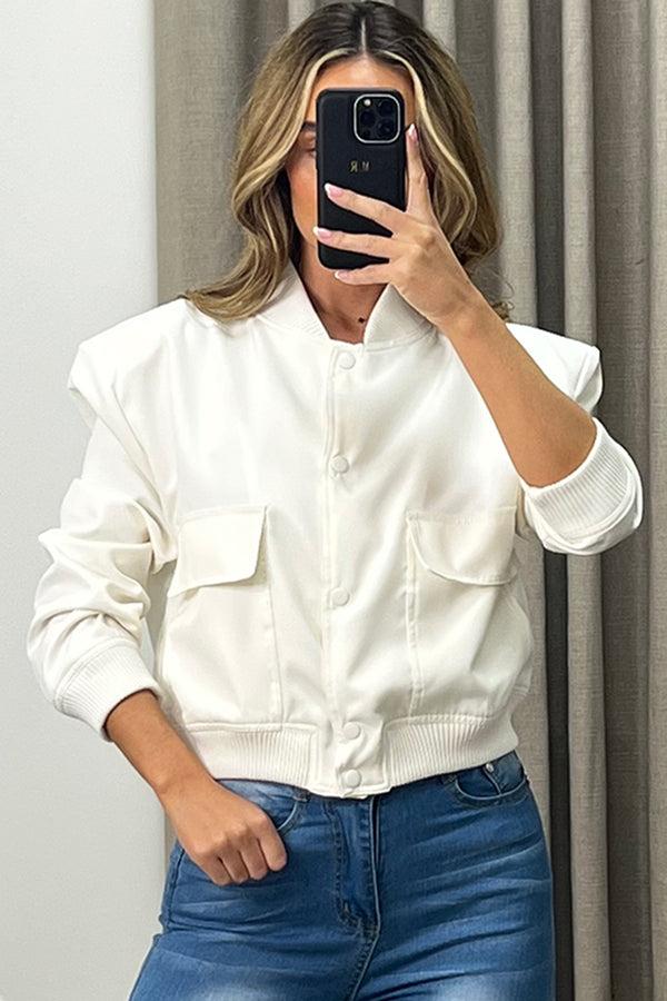 Lasula Kienna White Pocket Detail Cropped Cargo Bomber Jacket
