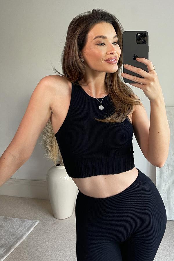 Lasula Kitti Black Ribbed Sleeveless Crop Top And Leggings Gym Set