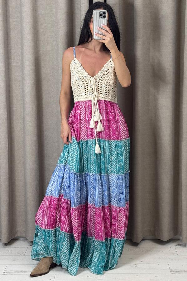 Lasula Kolbie Multi Crochet Tiered Tassel Maxi Dress