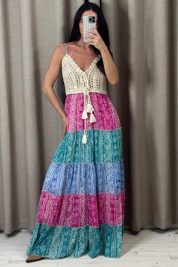 lasula Kolbie Multi Crochet Tiered Tassel Maxi Dress