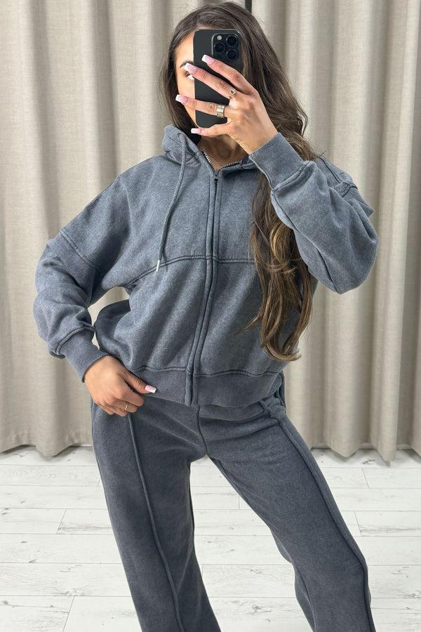 Lasula Lakara Charcoal Distressed Wash Seam Front Zip Up Hoodie And Joggers Tracksuit Set