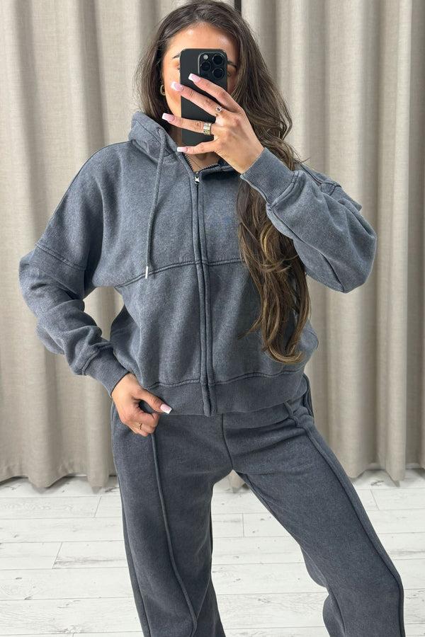 Lasula Lakara Charcoal Distressed Wash Seam Front Zip Up Hoodie And Joggers Tracksuit Set