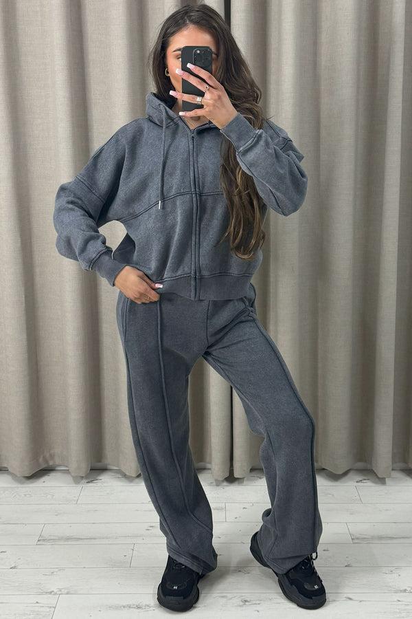 lasula Lakara Charcoal Distressed Wash Seam Front Zip Up Hoodie and Joggers Tracksuit Set
