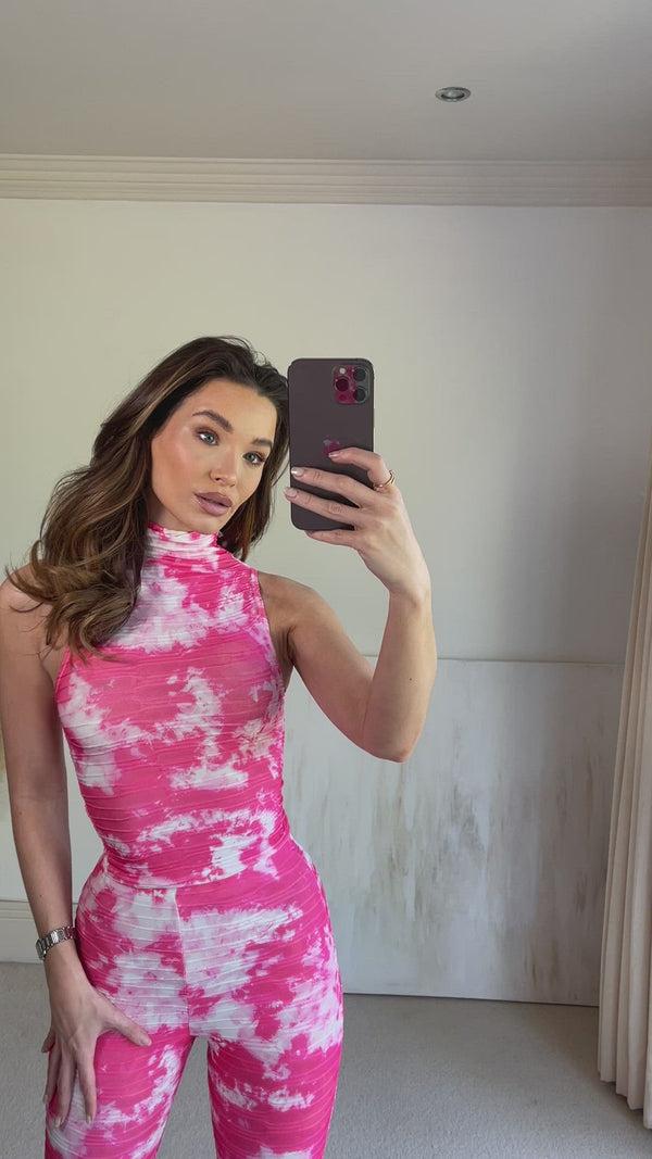 Lasula Larissa Neon Pink Tie Dye Textured High Neck Crop Top And Flared Trouser Co-Ord Set