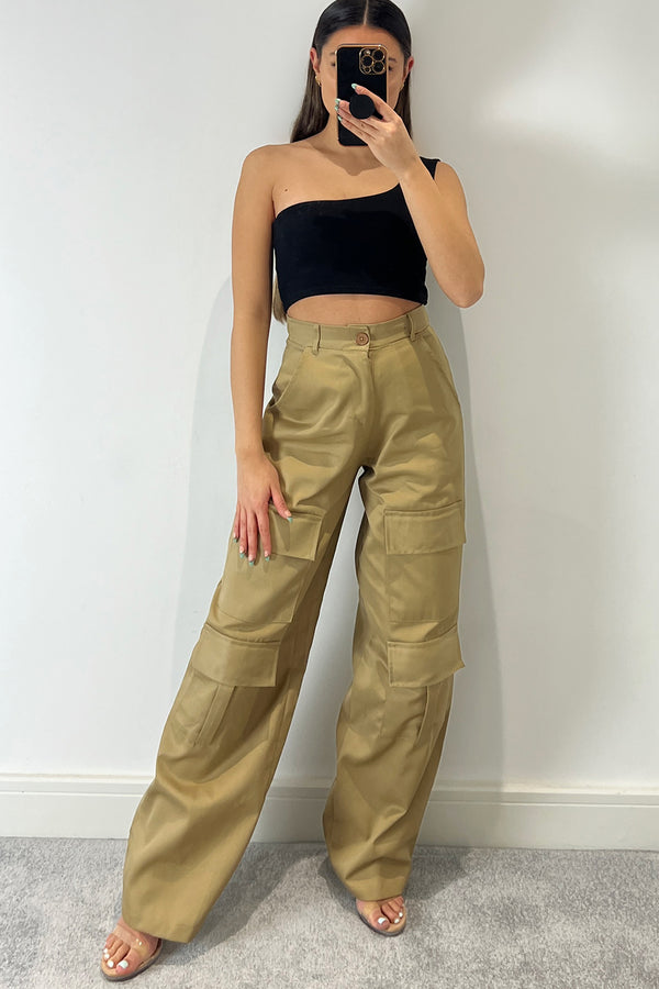 Lasula Larnie Beige Double Pocket Wide Leg Cargo Trousers