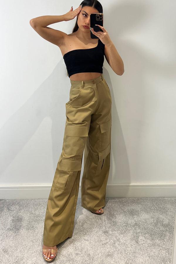lasula Larnie Beige Double Pocket Wide Leg Cargo Trousers