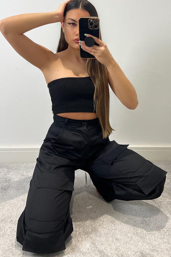 Lasula Larnie Black Double Pocket Wide Leg Cargo Trousers