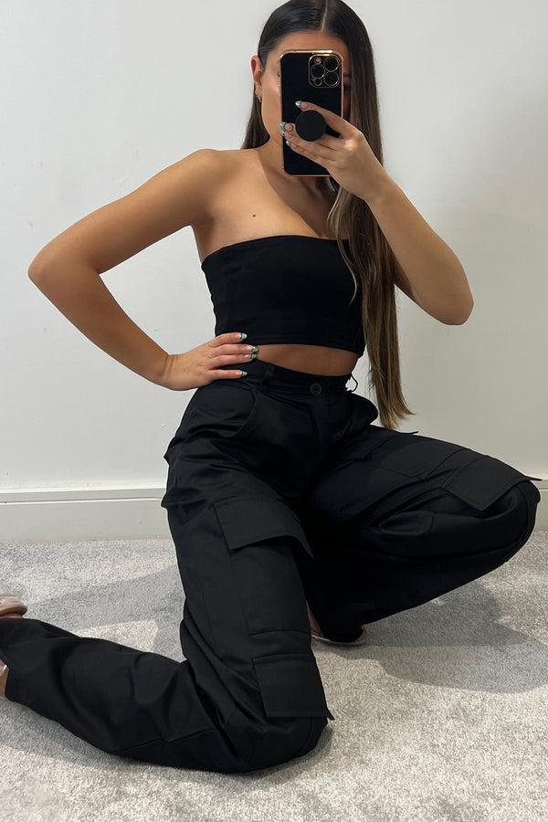 Lasula Larnie Black Double Pocket Wide Leg Cargo Trousers