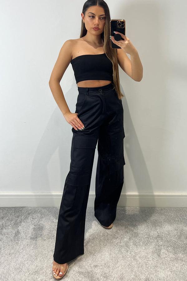 lasula Larnie Black Double Pocket Wide Leg Cargo Trousers