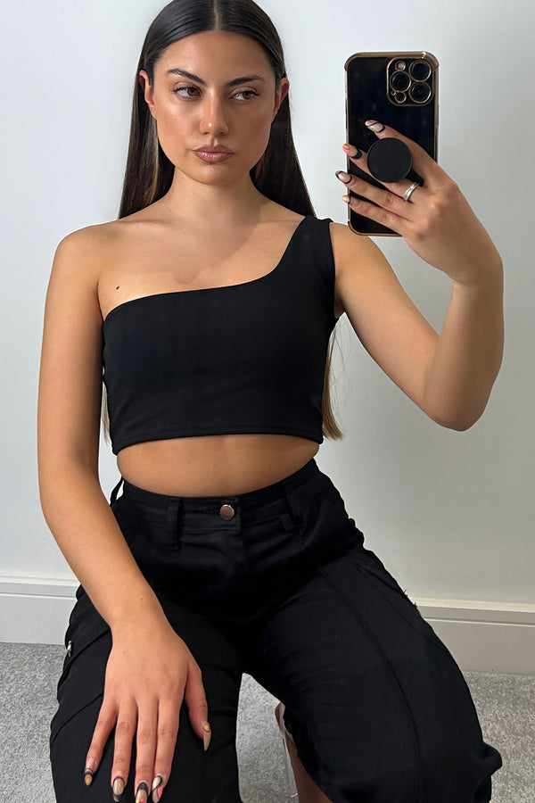 Lasula Ariaa Black One Shoulder Crop Top