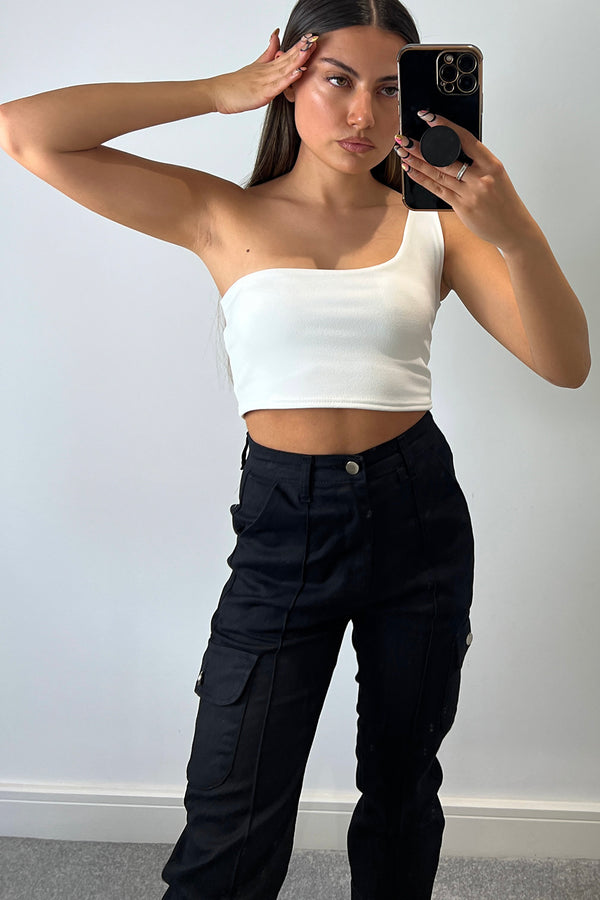 Lasula Ariaa White One Shoulder Crop Top
