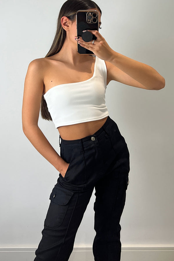 Lasula Ariaa White One Shoulder Crop Top