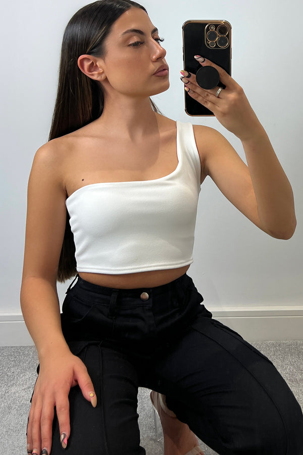 lasula Ariaa White One Shoulder Crop Top