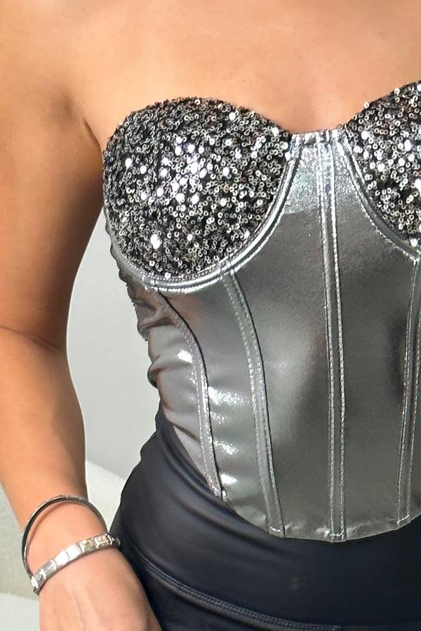 Lasula Arlene Silver Sequin Metallic Corset Top
