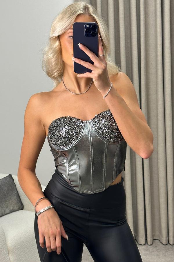 lasula Arlene Silver Sequin Metallic Corset Top lasula Arlene Silver Sequin Metallic Corset Top