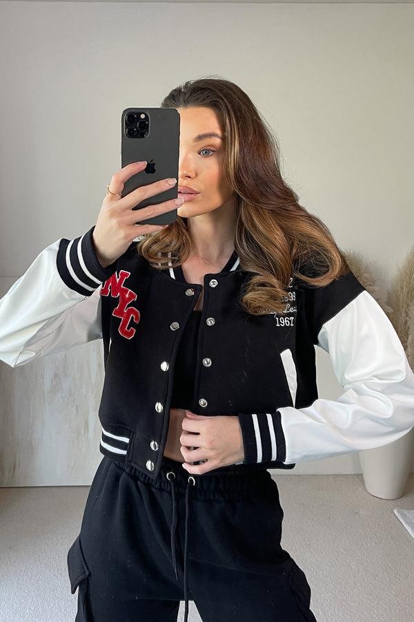 Lasula Becky Black Slogan Cropped Varsity Jacket