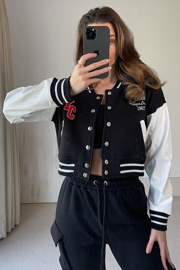 Lasula Becky Black Slogan Cropped Varsity Jacket