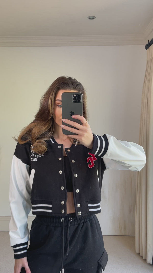 Lasula Becky Black Slogan Cropped Varsity Jacket