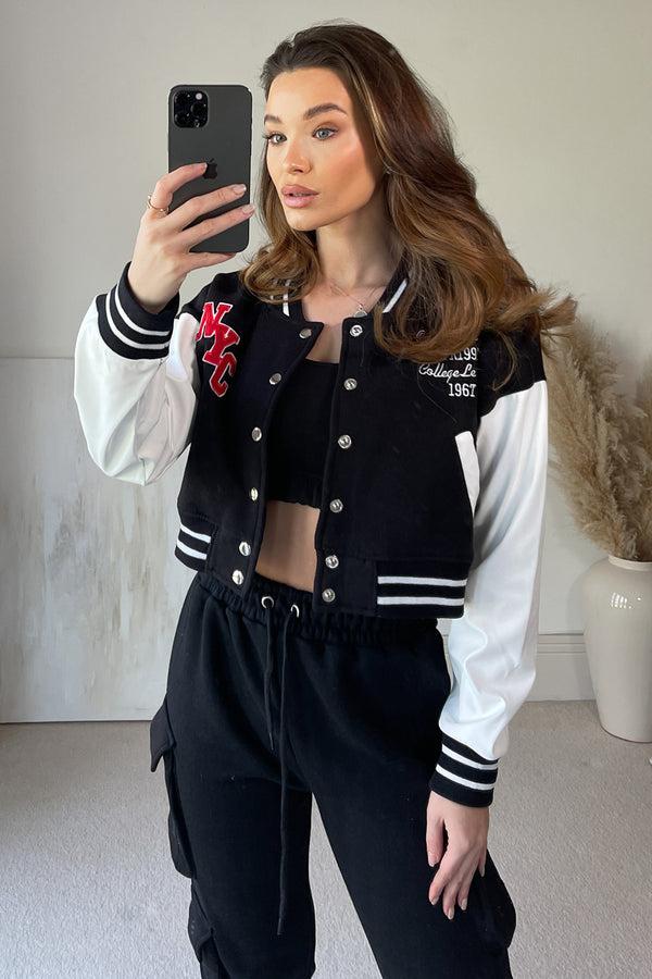 lasula Becky Black Slogan Cropped Varsity Jacket