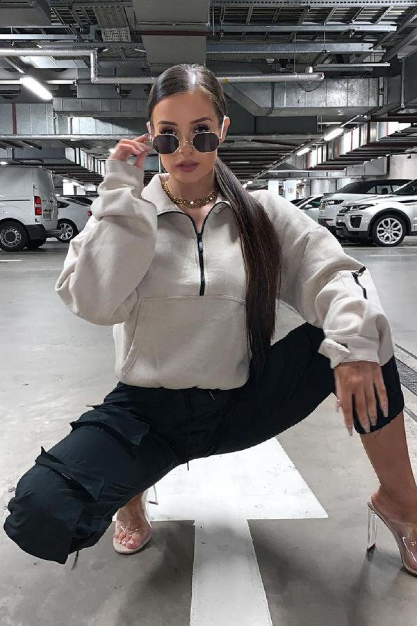 lasula Beige Zip Up Front Detail Sweatshirt