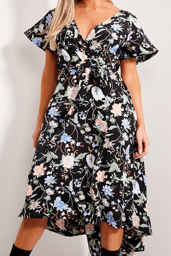 Lasula Black Floral Print Tie Waist Maxi Dress