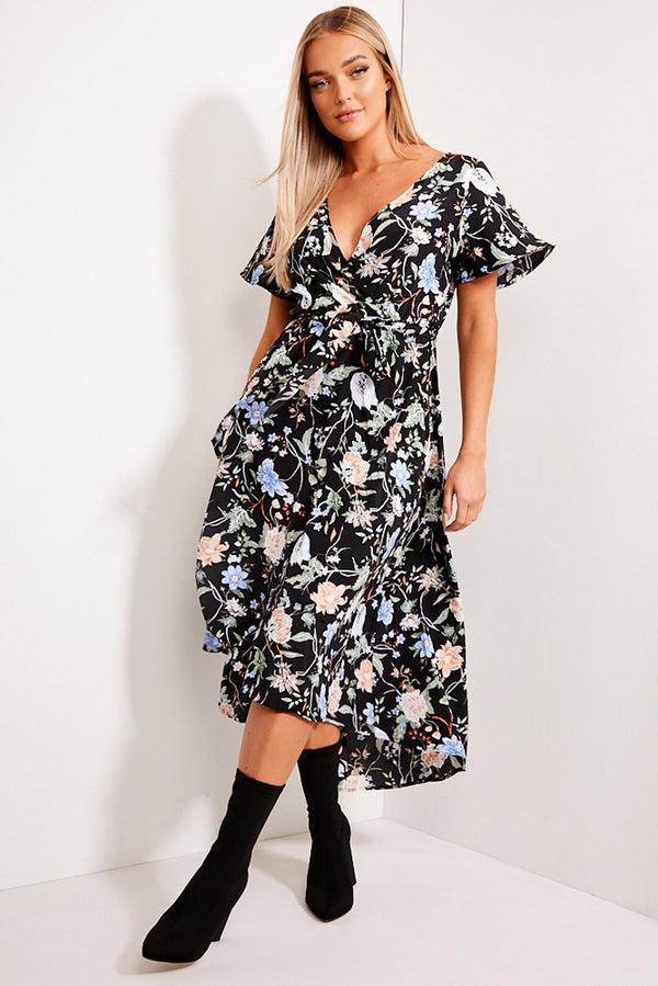 Lasula Black Floral Print Tie Waist Maxi Dress