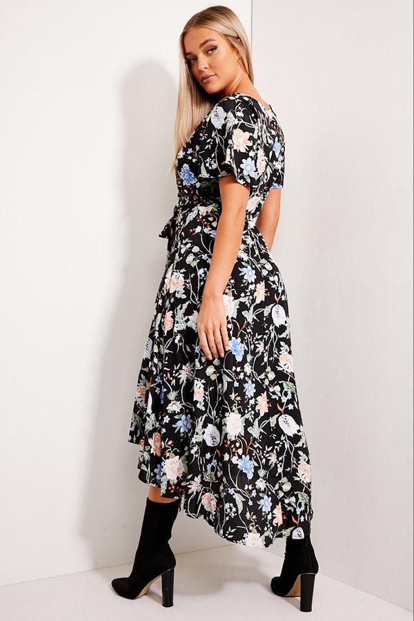 Lasula Black Floral Print Tie Waist Maxi Dress
