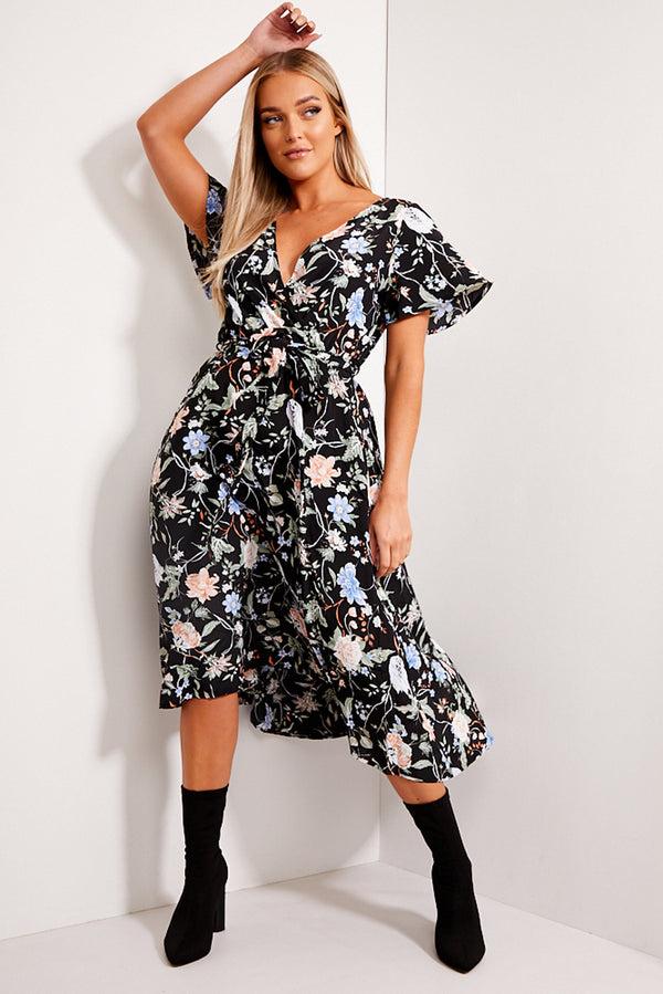 lasula Black Floral Print Tie Waist Maxi Dress