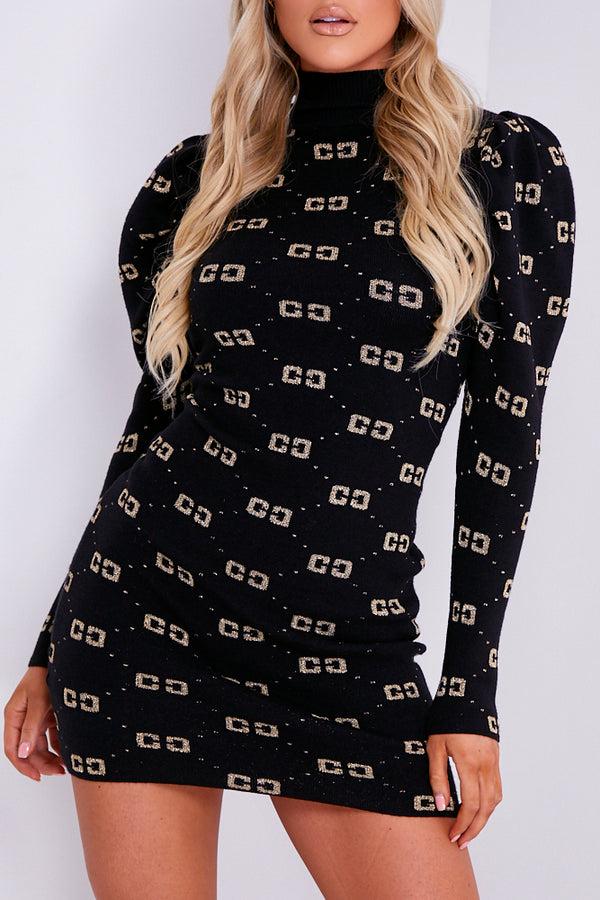 Lasula Black Knit High Neck CC Print Dress